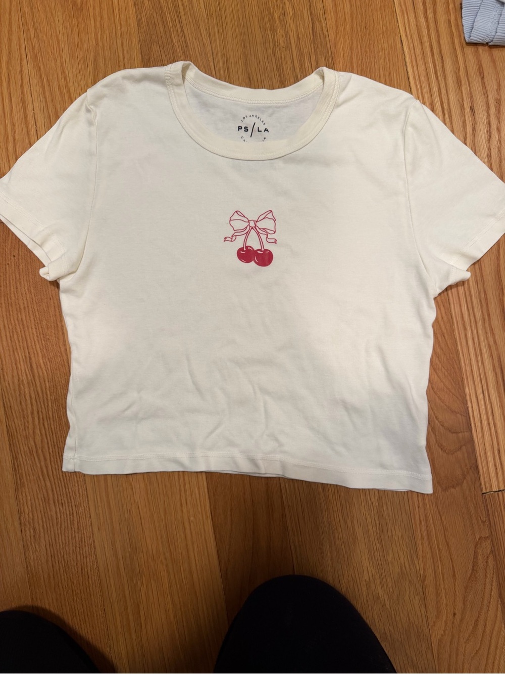 PS LA Cream Short-Sleeve Crop Tee with Pink Cherry Graphic